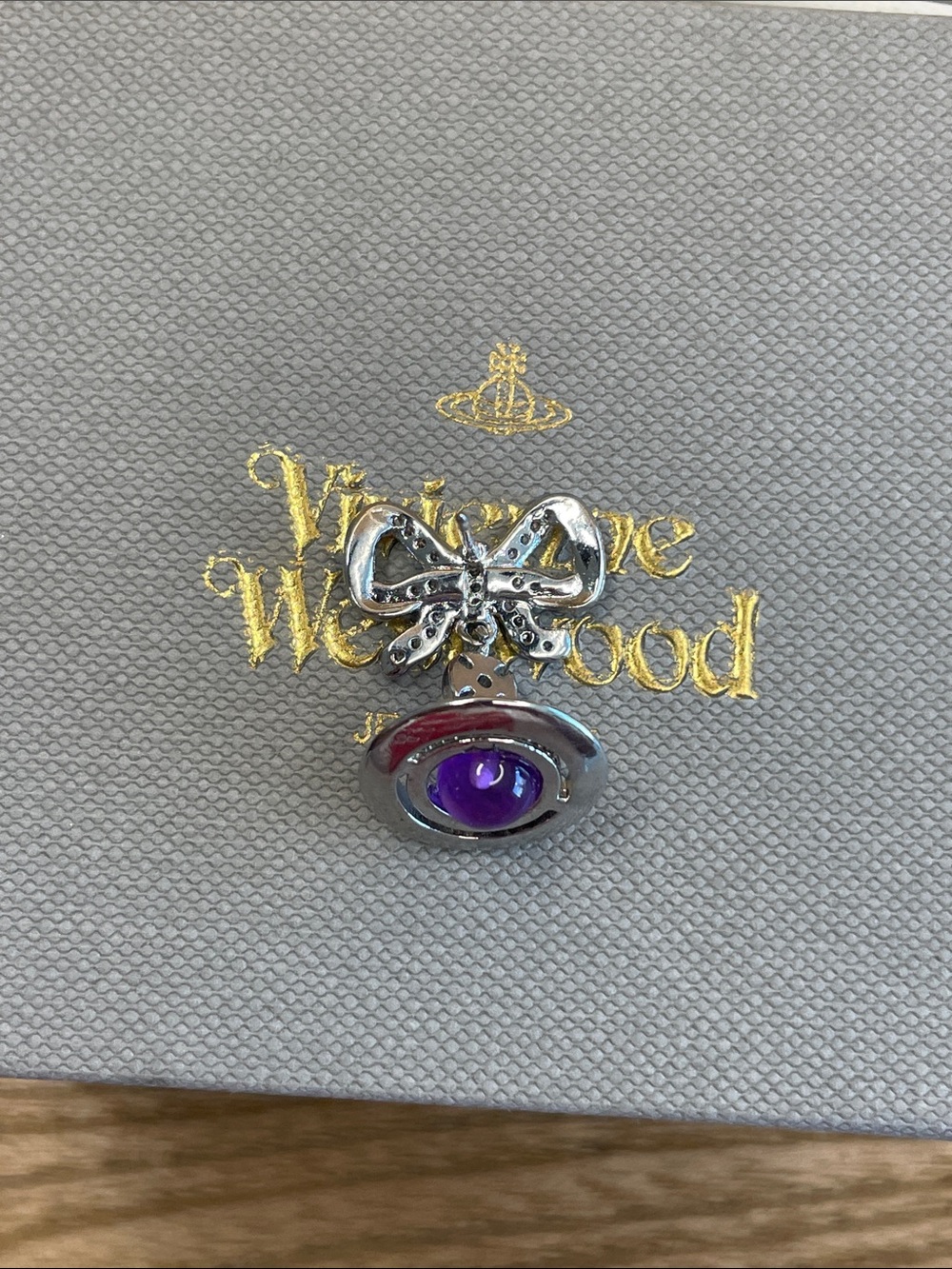 Vivienne Westwood Octavie Crystal Bow Purple Orb Drop Earrings Silver Y2K - Picture 4 of 4